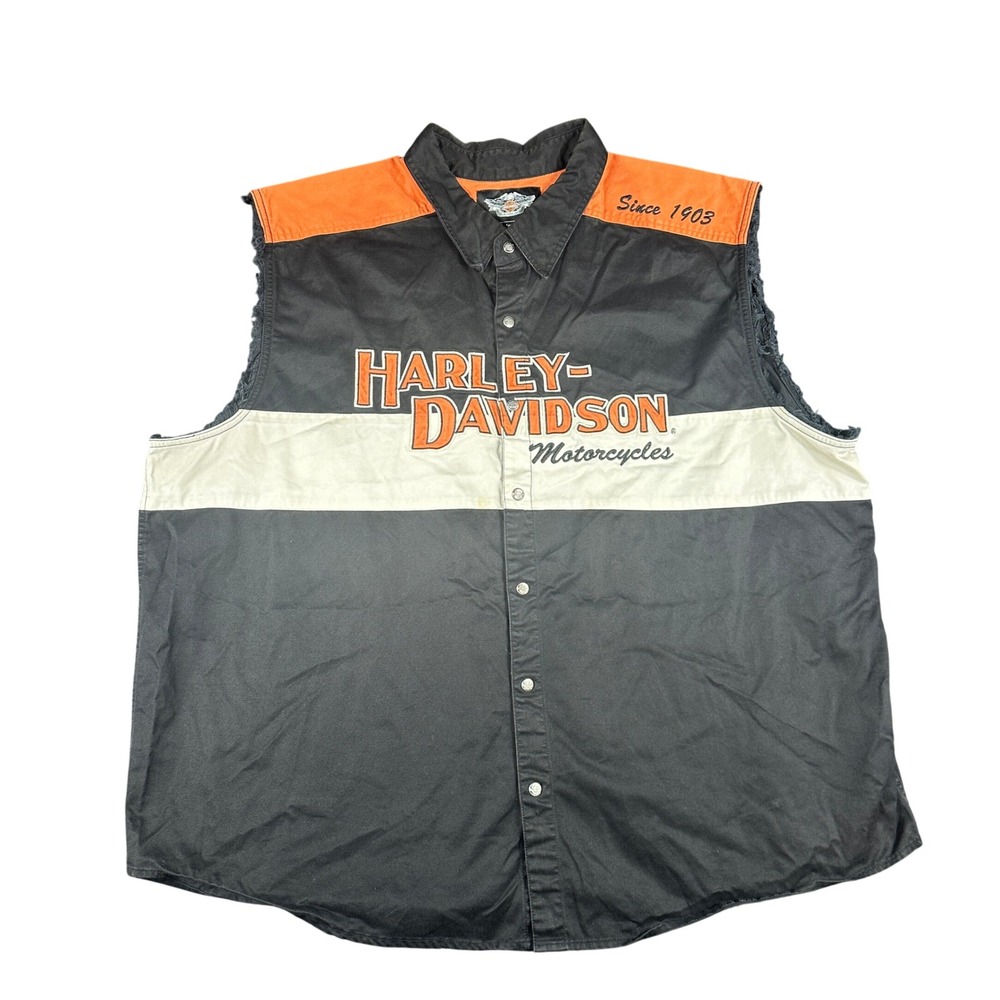 Harley-Davidson Mens 3XL Sleeveless Button Up Shirt Black Orange Moto Bikercore